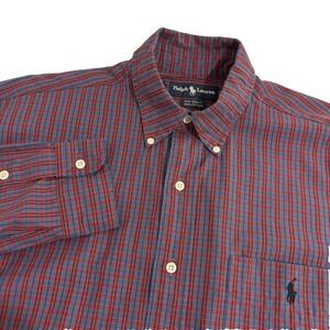 Ralph Lauren Plaid Button Down Big Shirt Mens M Red‎ Blue Cotton Long Sleeve